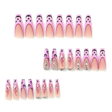 24 Pcs Pink - Black Halloween Diamond - adorned Nails