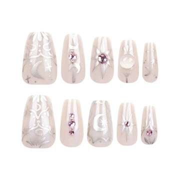 24 Pcs Light - beige Silver - pattern Pink - diamond Dreamy Nails
