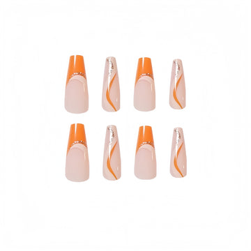 24 Pcs Light Pink - Orange - Silver Pattern Stylish Nails