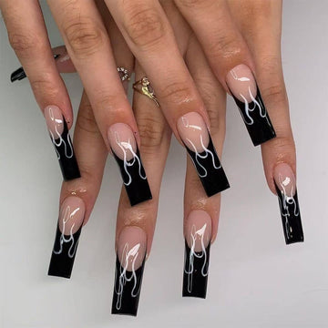 24 Pcs Black - Light Pink - White Patterned Stylish Long Nails