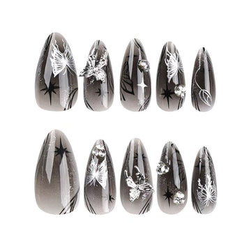 24 Pcs Black - Gray Gradient Butterfly Nails