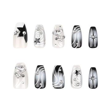 24 Pcs Black - White Fashion Diamond - adorned Nails