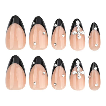 24 Pcs Nude - Pink Black - edge Diamond - adorned Nails