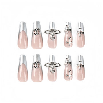 24 Pcs Pink - Silver Ornamented Exquisite Pointed Nails