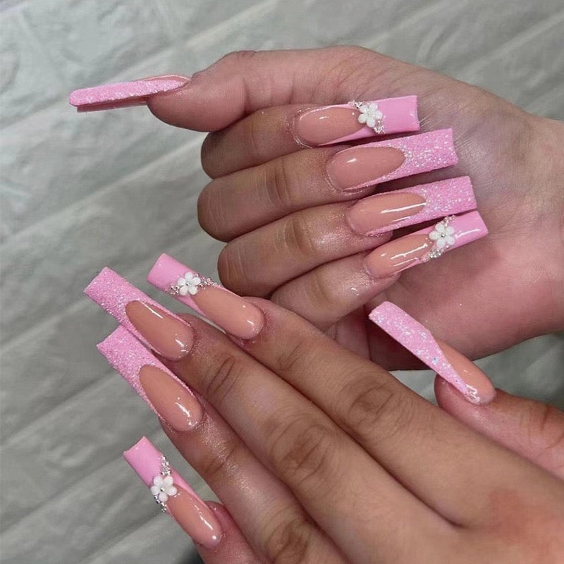 24 Pcs French - style Pink Glitter Nails