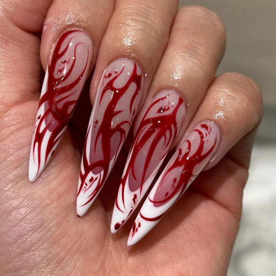24 Pcs Halloween Red Flame Nails