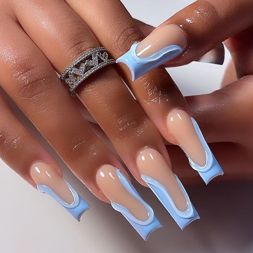 24 Pcs 3D French - style Sky - blue Nails