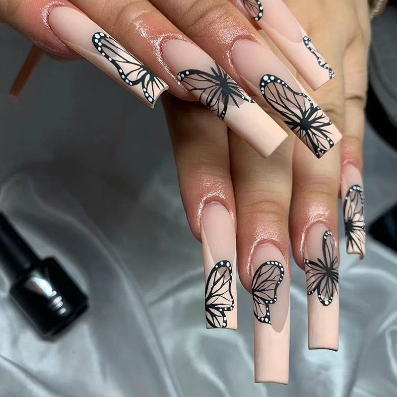 24 Pcs Long - Ballet Black Butterfly Nails