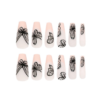 24 Pcs Long - Ballet Black Butterfly Nails