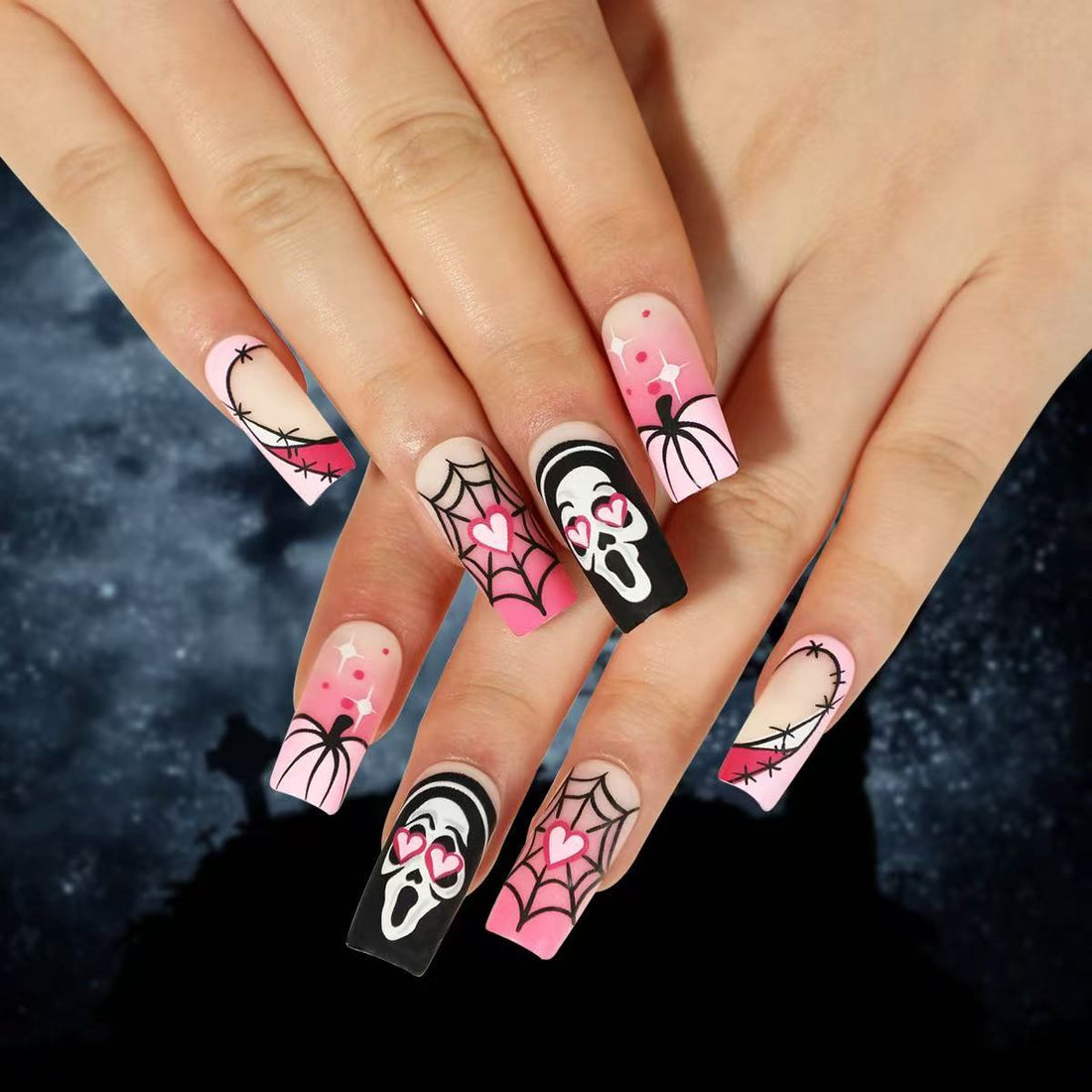 24 Pcs Pink - Black Love - themed Halloween Nails