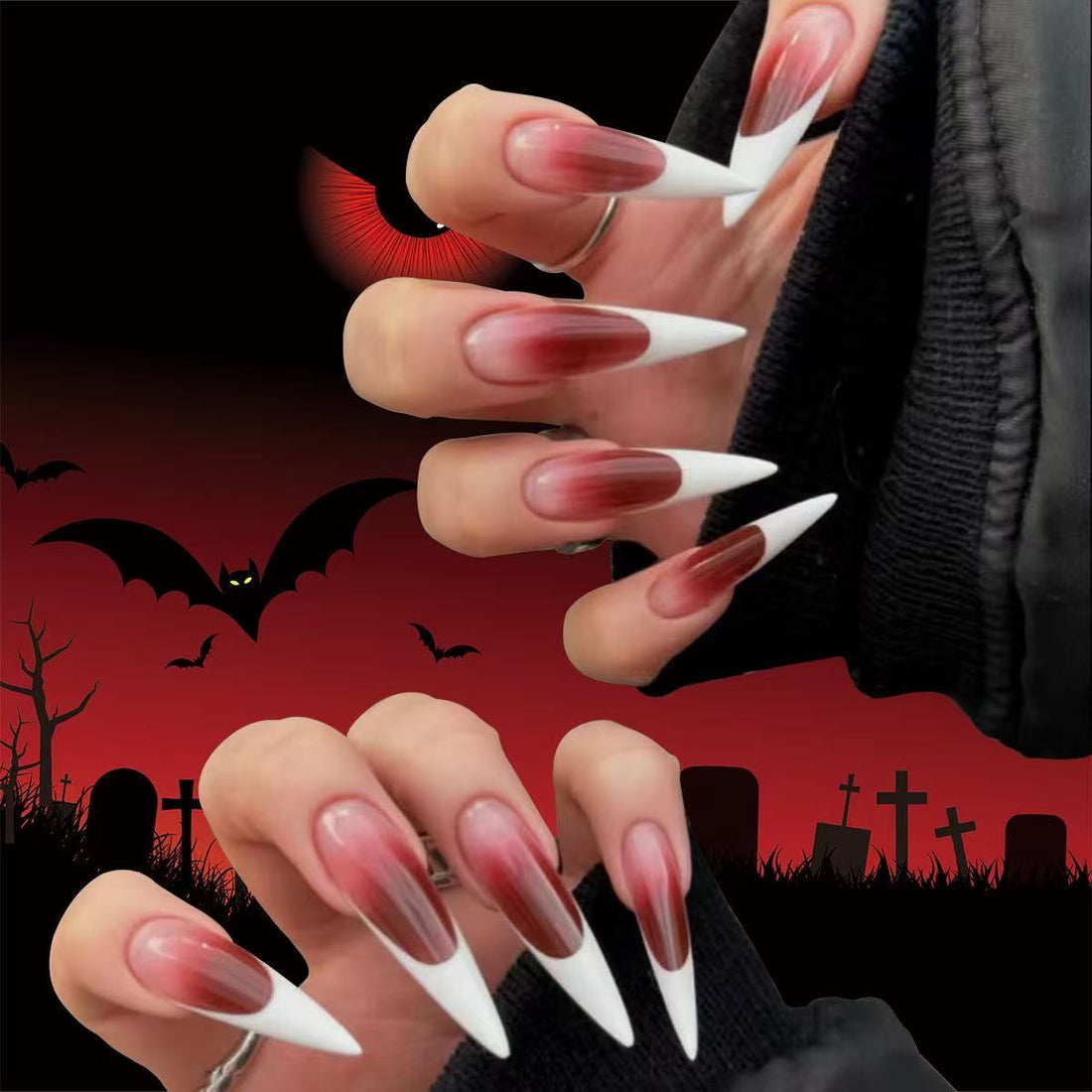 24 - piece Red - White Gradient Pointed - Tip Fashionable Nail Tips