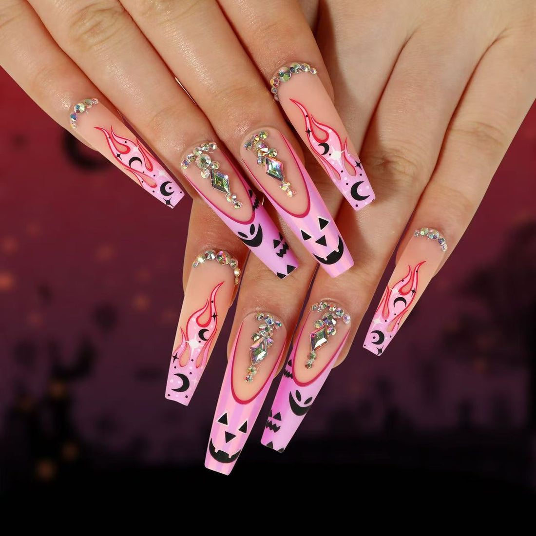 24 Pcs Pink - Black Halloween Diamond - adorned Nails