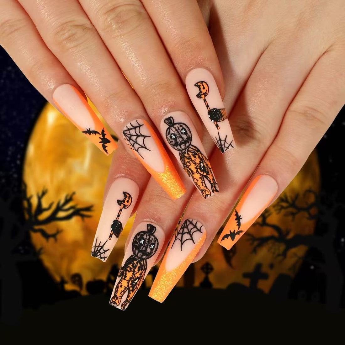 24 Pcs Halloween Pink - Orange Themed Nails