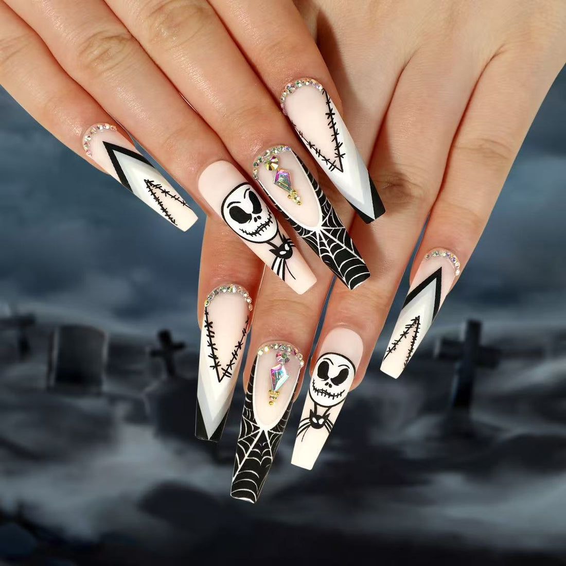 24 Pcs Halloween - themed Black - White Nails