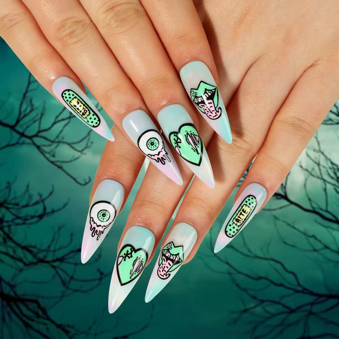 24 Pcs Light Blue - Pink Gradient Fun Cartoon Nails