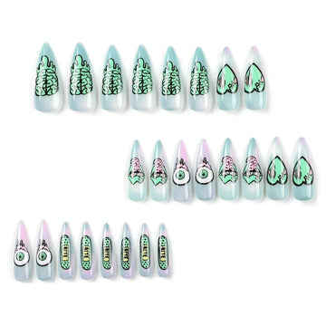 24 Pcs Light Blue - Pink Gradient Fun Cartoon Nails