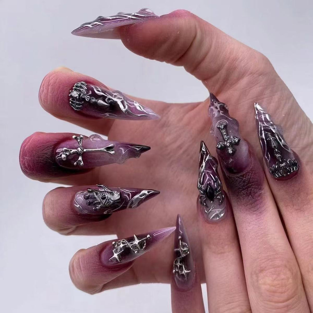 24 Pcs Purple - White Gradient Silver - adorned Personalized Nails