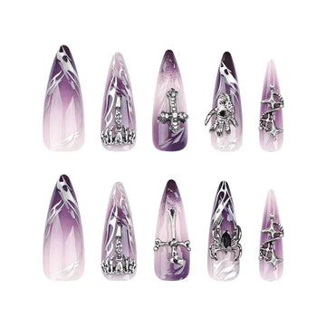 24 Pcs Purple - White Gradient Silver - adorned Personalized Nails