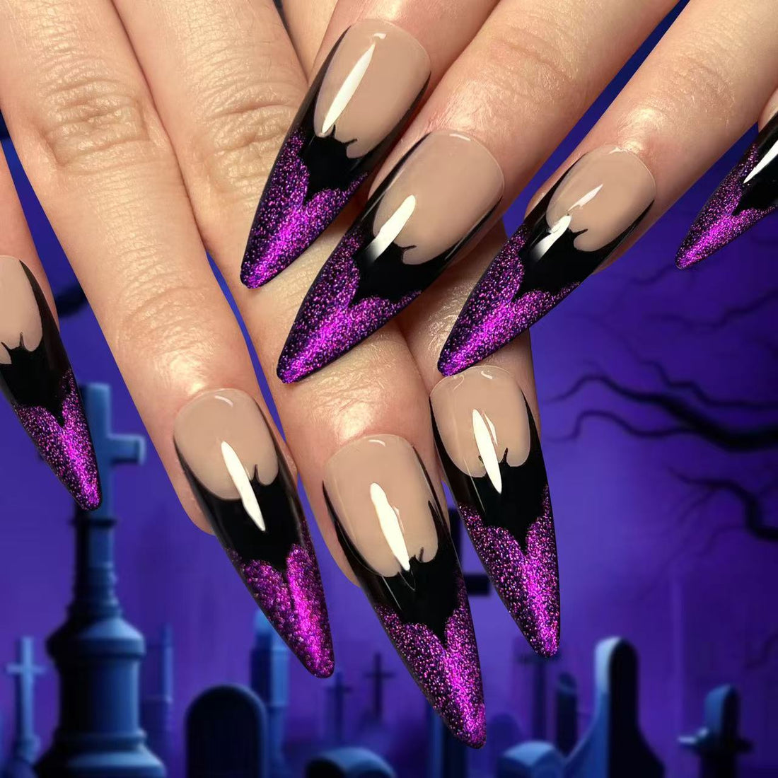 24 Pcs Black - Purple Glitter Pointed Nails