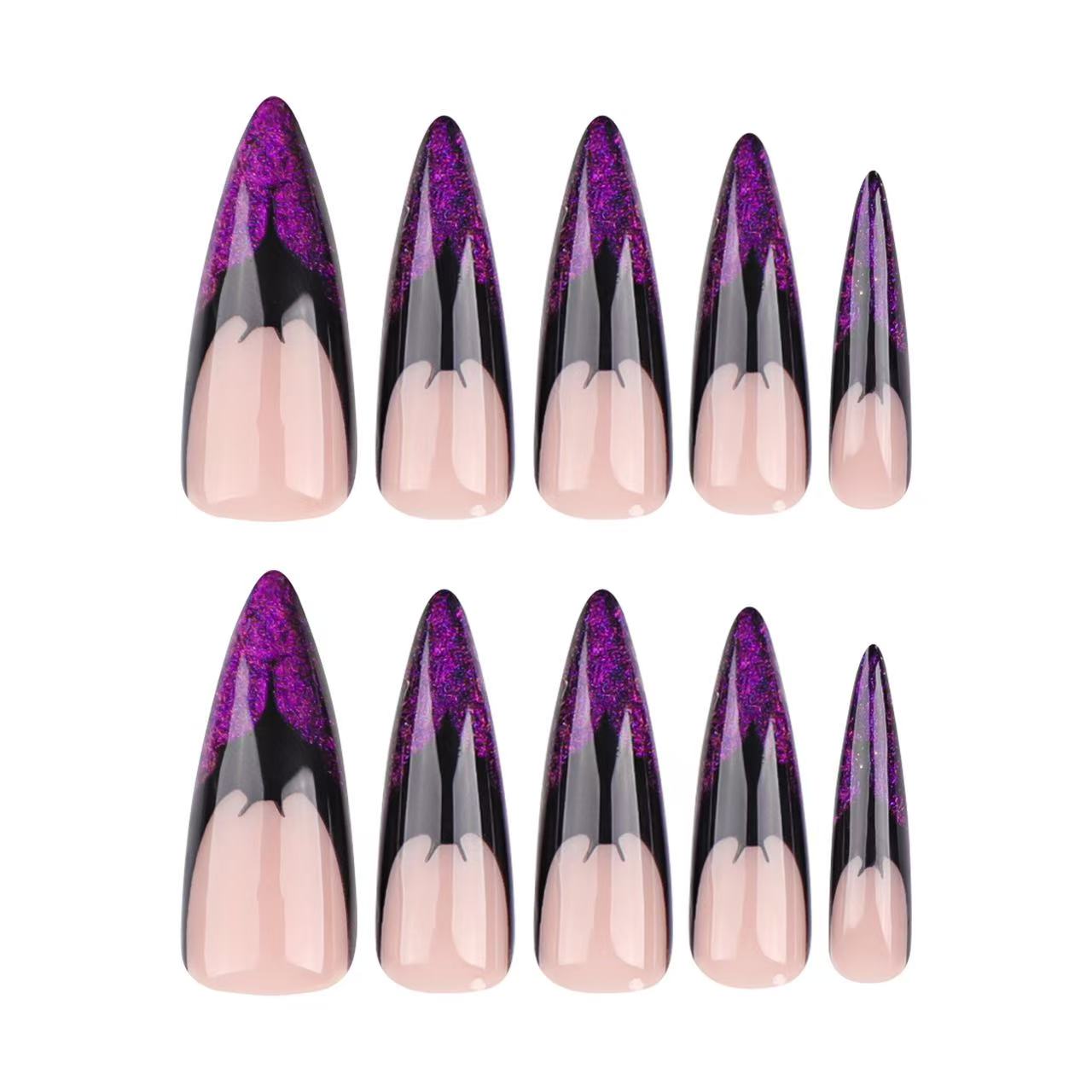 24 Pcs Black - Purple Glitter Pointed Nails