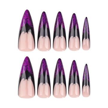 24 Pcs Black - Purple Glitter Pointed Nails