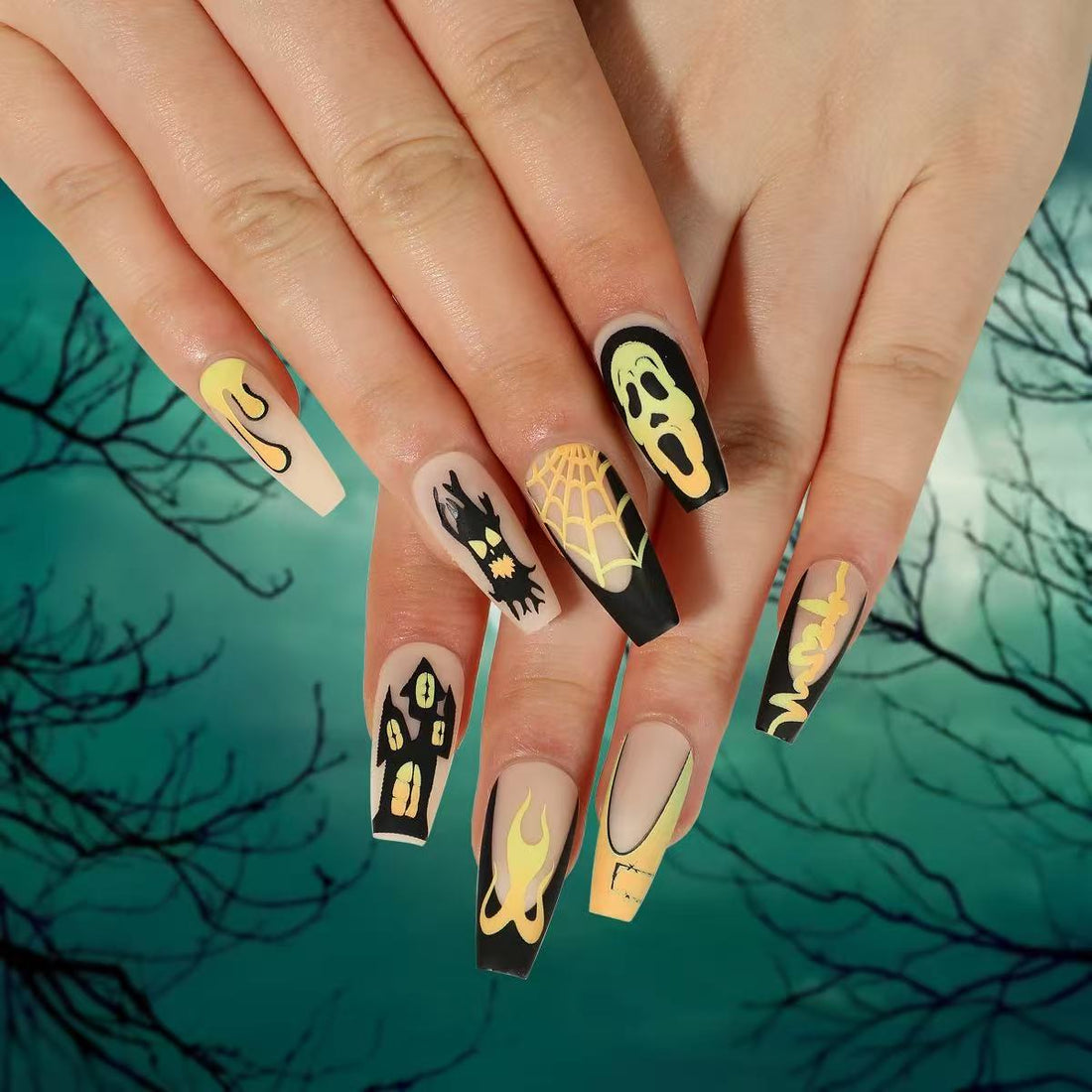 24 Pcs Black - Yellow Halloween - element Nails