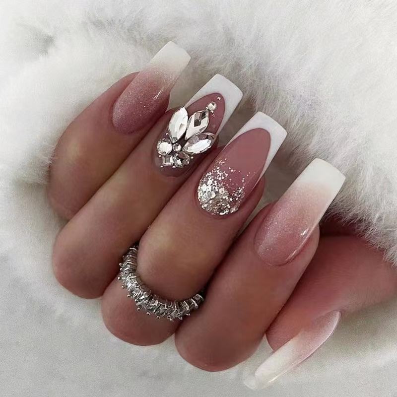 24 Pcs Pink - White Gradient Sparkling - Diamond Nails