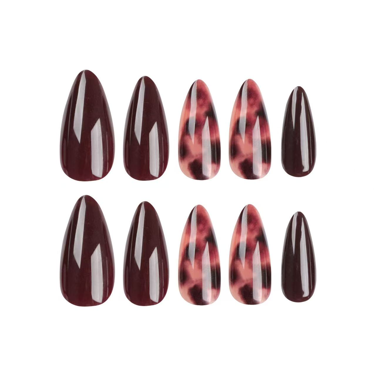 24 Pcs Wine - Red Leopard - print Pointed Nails