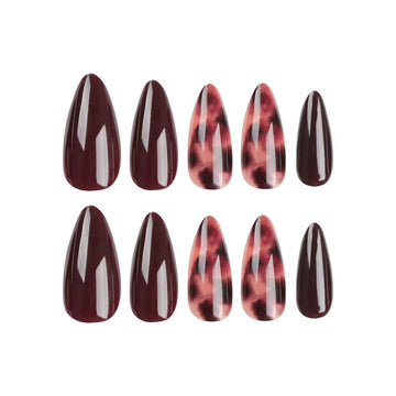 24 Pcs Wine - Red Leopard - print Pointed Nails