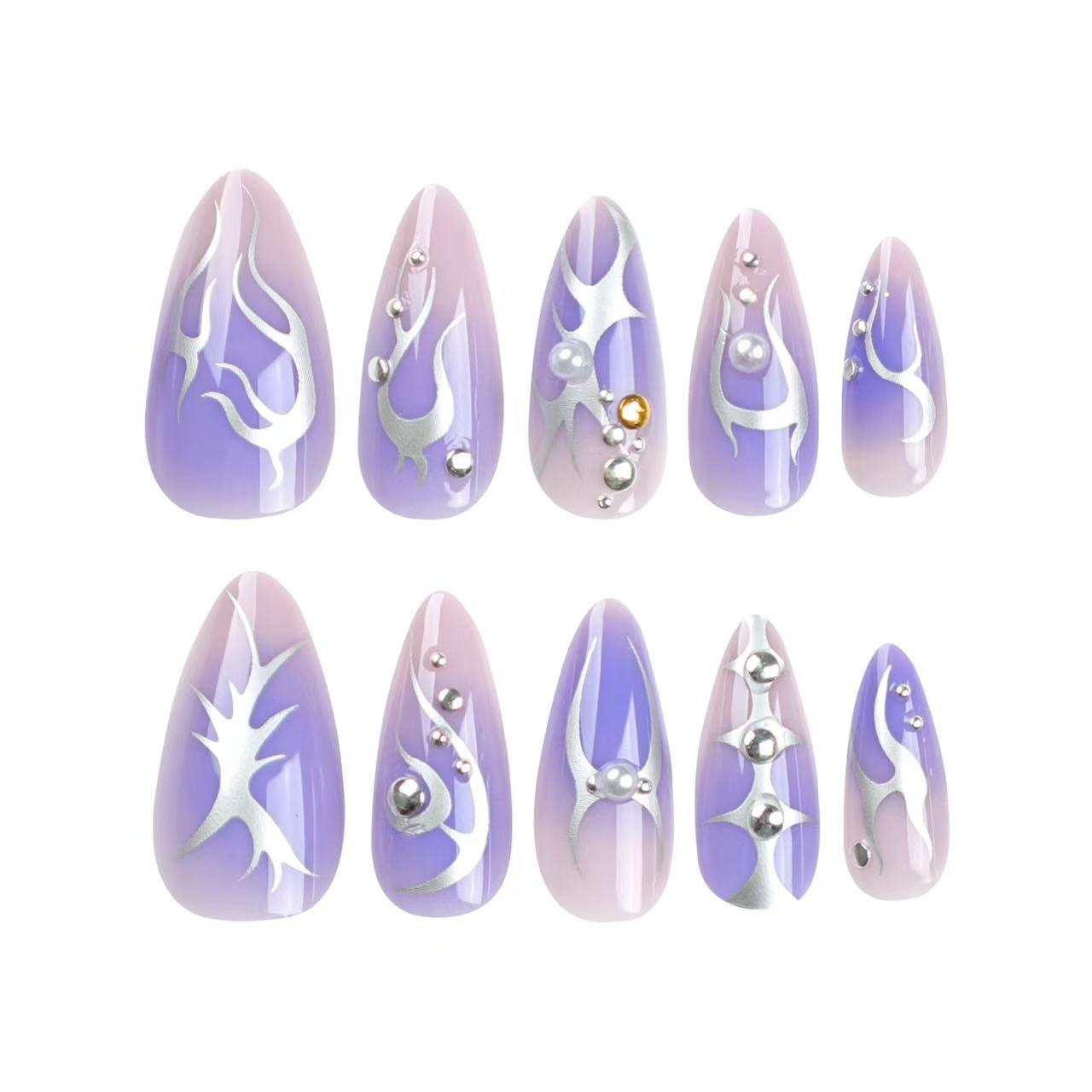 24 Pcs Gradient Purple - Silver Pattern Pointed Nails