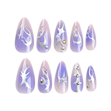 24 Pcs Gradient Purple - Silver Pattern Pointed Nails