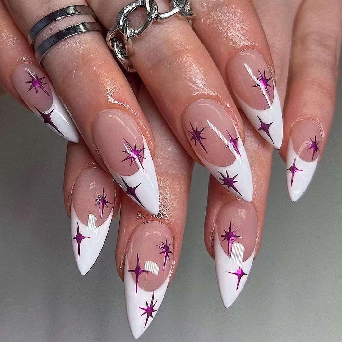 24 Pcs Pink - Purple Star - flash French - style Nails