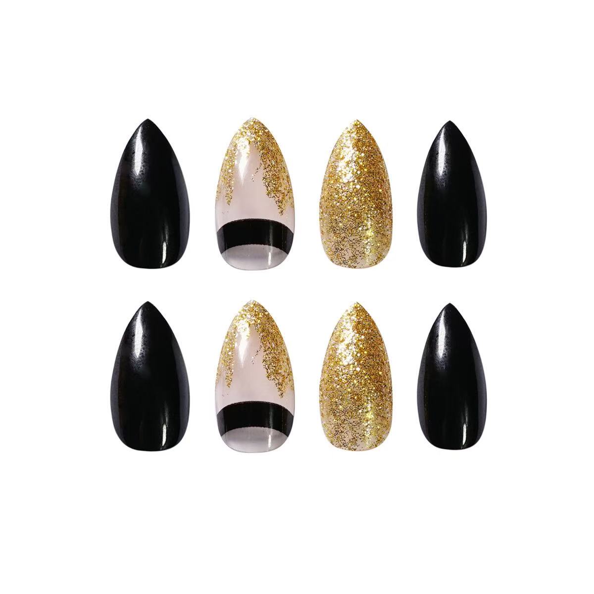 24 Pcs Black - Gold Sparkling Powder Pointed Nails