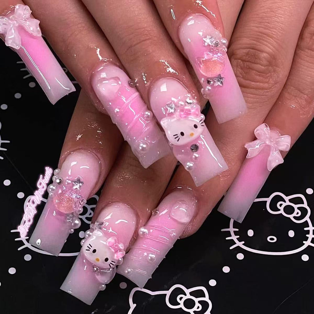 24 Pcs Pink - decorated Sweet Cartoon Nails