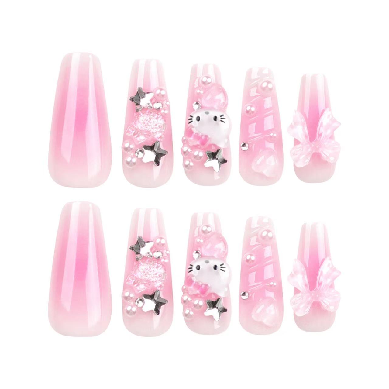 24 Pcs Pink - decorated Sweet Cartoon Nails