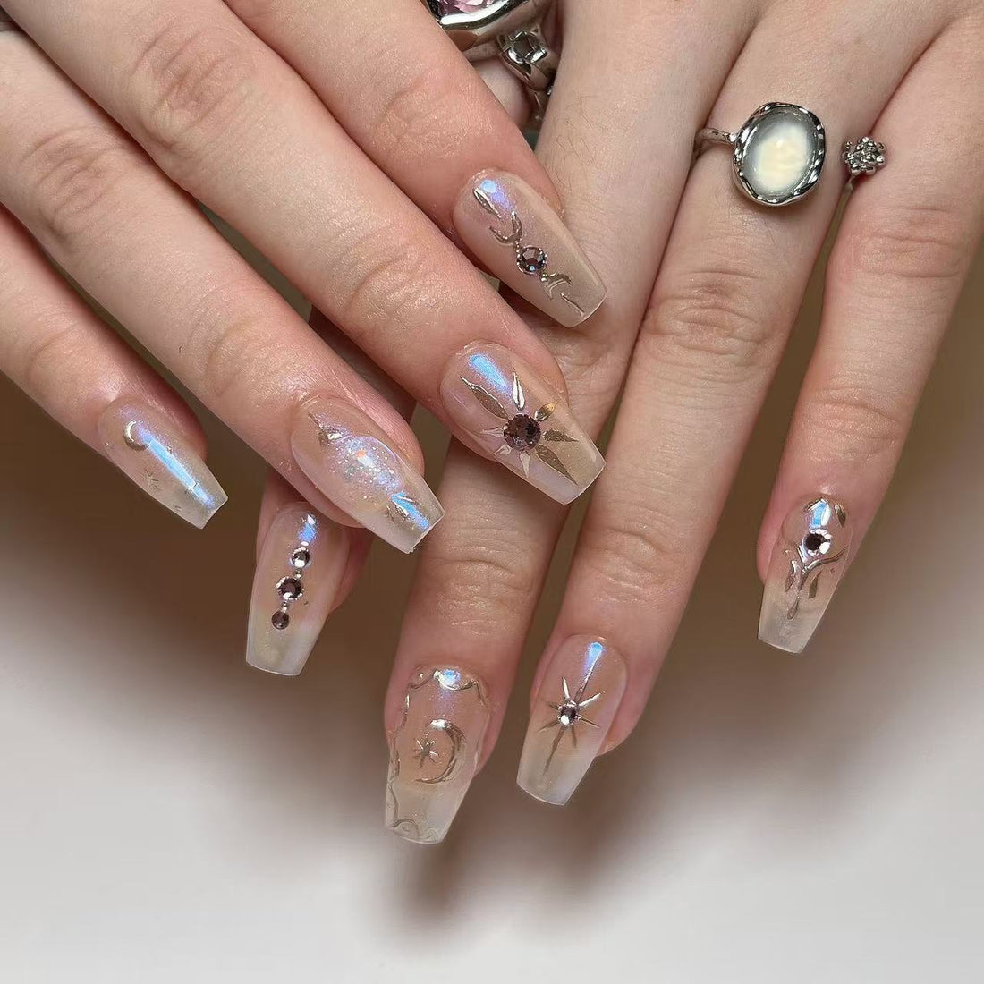 24 Pcs Light - beige Silver - pattern Pink - diamond Dreamy Nails