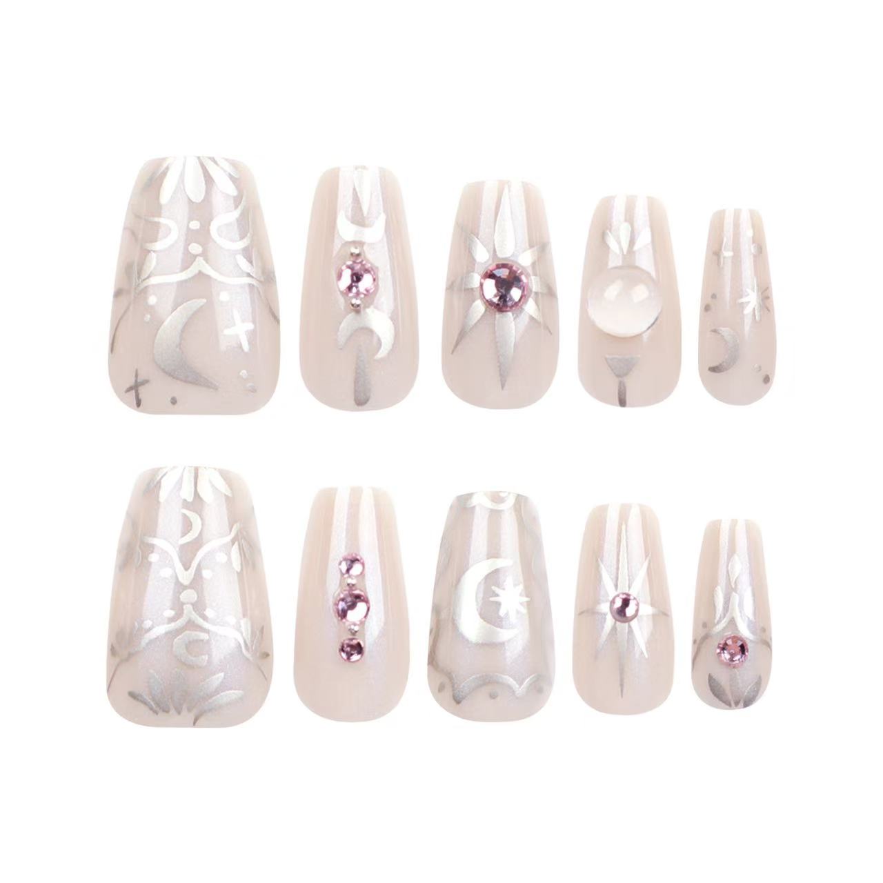 24 Pcs Light - beige Silver - pattern Pink - diamond Dreamy Nails