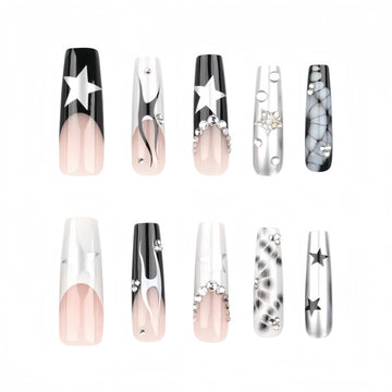 24 Pcs Black - White - Pink Diamond - adorned Fashion Nails