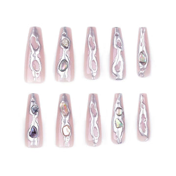 24 Pcs Pink - Silver 3D Stereo Gem Nails