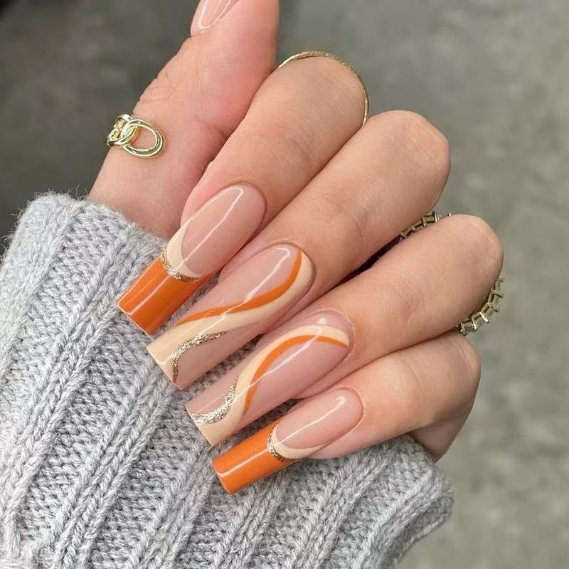 24 Pcs Light Pink - Orange - Silver Pattern Stylish Nails