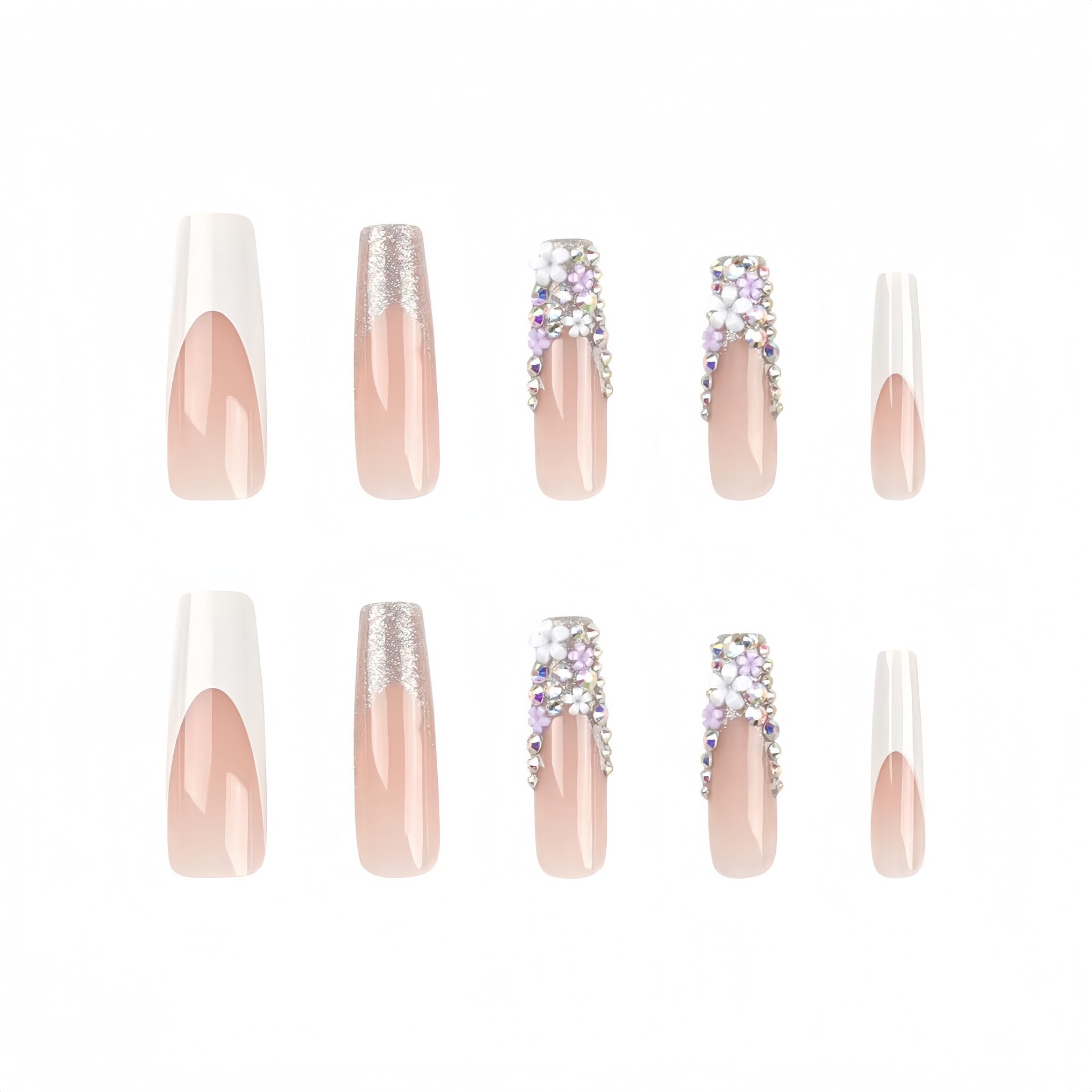 24 Pcs Light Pink - White Edge Diamond - adorned Elegant Nails