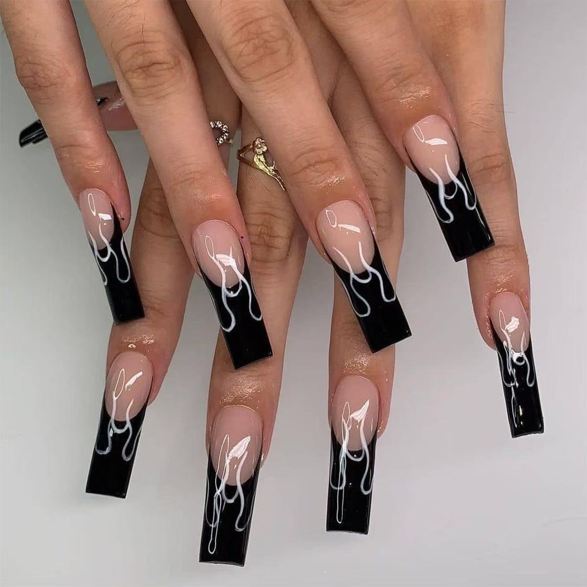 24 Pcs Black - Light Pink - White Patterned Stylish Long Nails
