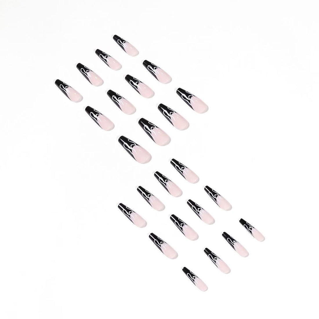24 Pcs Black - Light Pink - White Patterned Stylish Long Nails