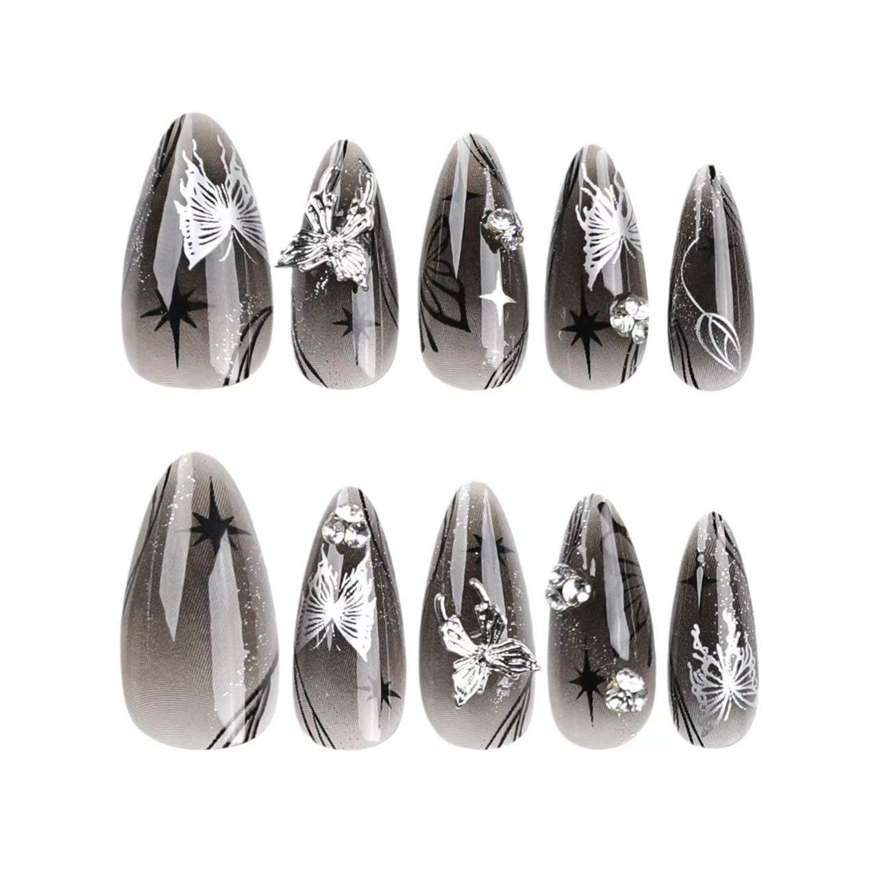24 Pcs Black - Gray Gradient Butterfly Nails