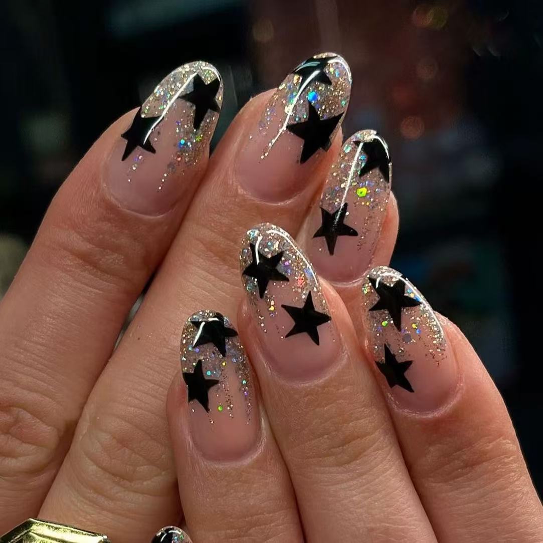 24 Pcs Pink - Black Star Glitter Nails