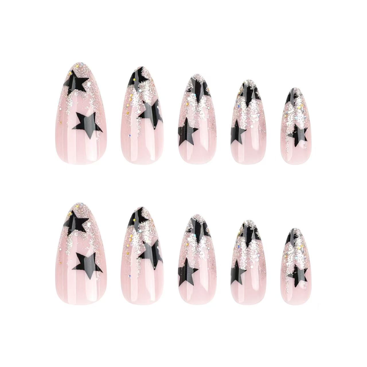 24 Pcs Pink - Black Star Glitter Nails