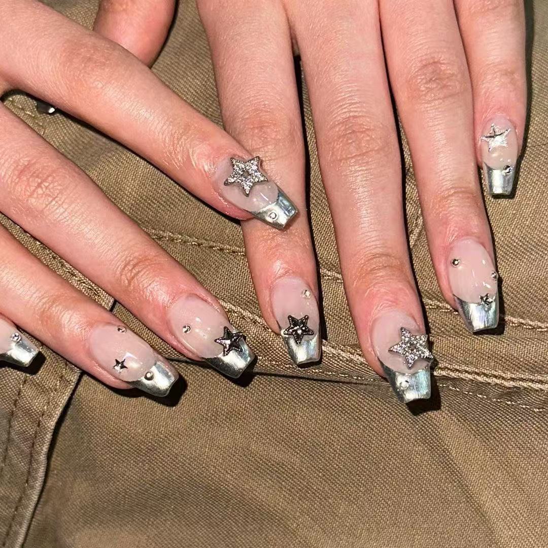 24 Pcs Pink - Silver Star French - style Nails