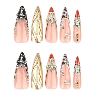 24 Pcs Pink - Black - Gold - Red Multi - element Diamond - adorned Nails