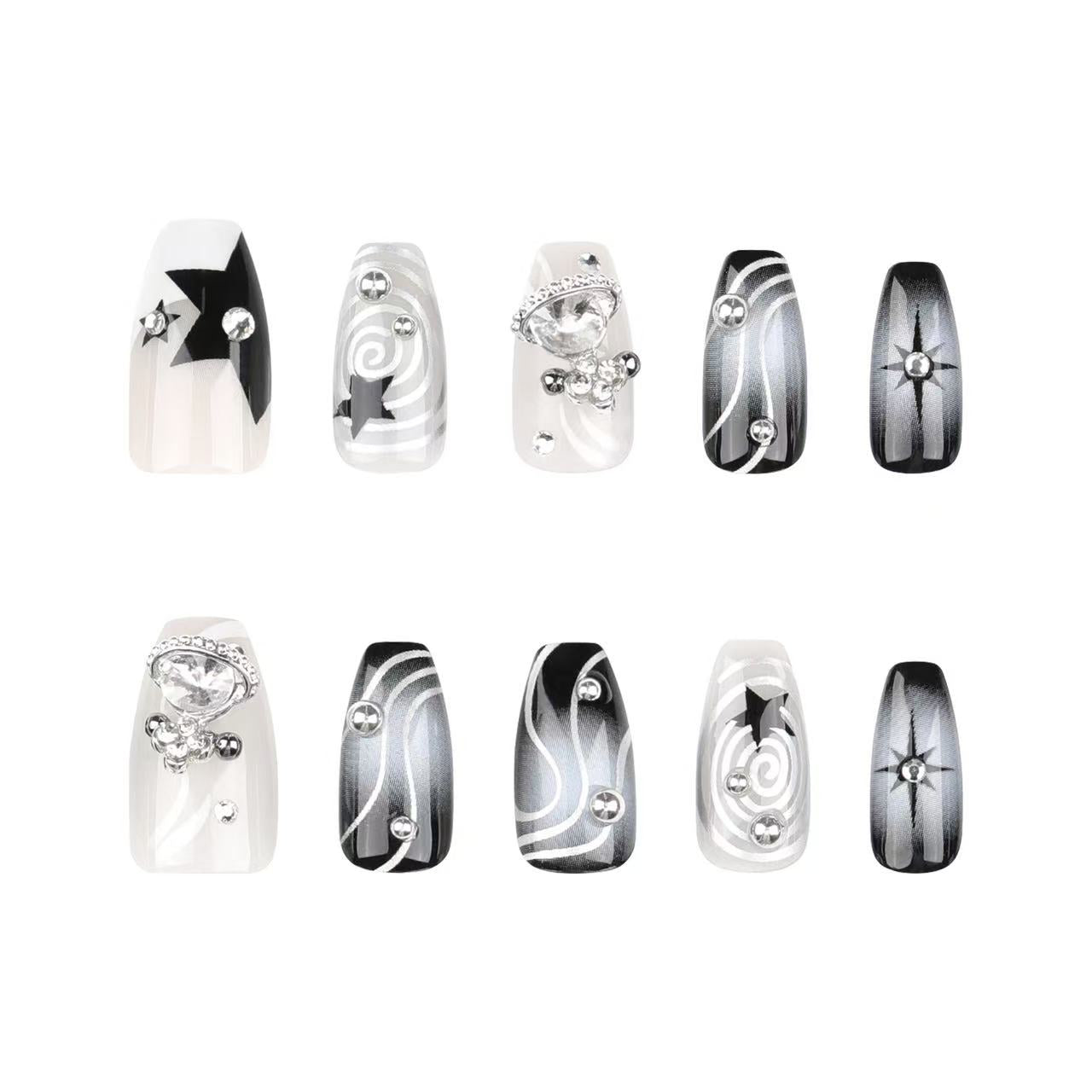 24 Pcs Black - White Fashion Diamond - adorned Nails