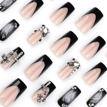 24 Pcs Black - Pink Personalized Diamond - adorned Nails